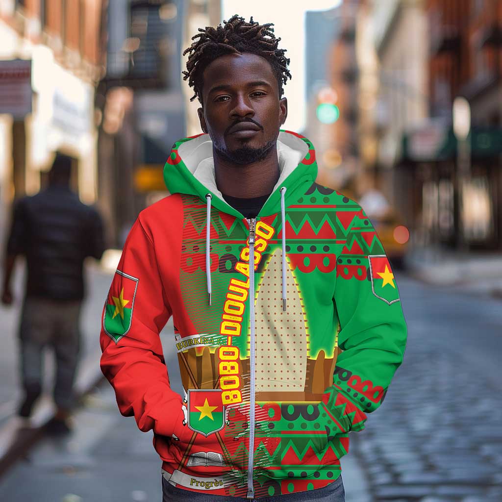 Burkina Faso Zip Hoodie Tribal Design and Bobo Dioulasso Landmark - African Pride