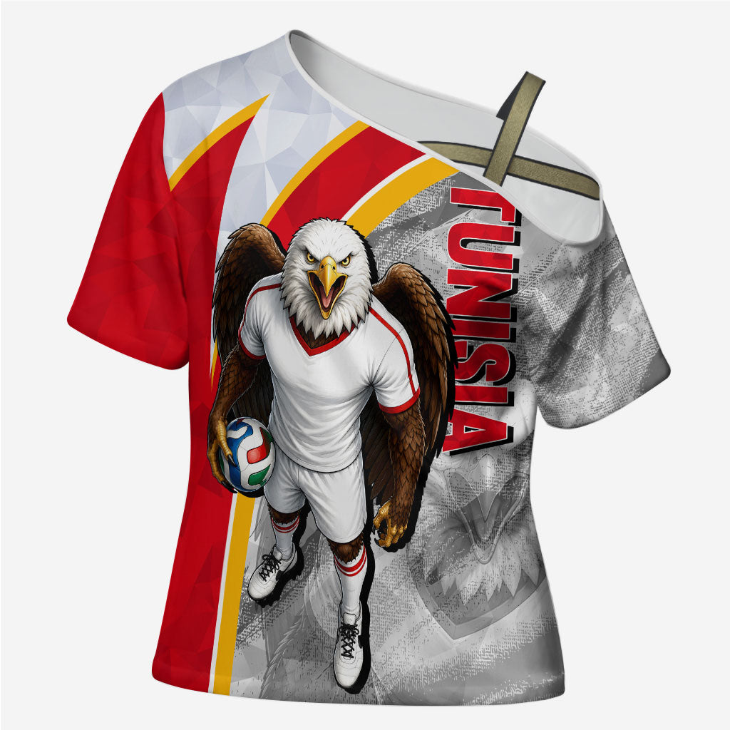 Personalized Tunisia Soccer Carthage Eagles Mascot Cross Shoulder Shirt Red And White Abstract Geometric Football Concept