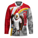 Personalized Tunisia Soccer Carthage Eagles Mascot Hockey Jersey Red And White Abstract Geometric Football Concept