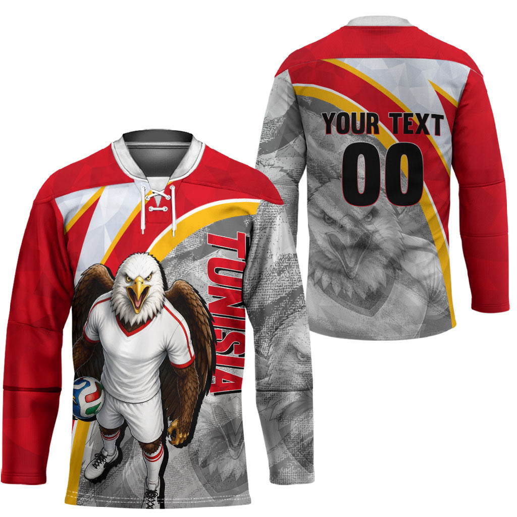 Personalized Tunisia Soccer Carthage Eagles Mascot Hockey Jersey Red And White Abstract Geometric Football Concept