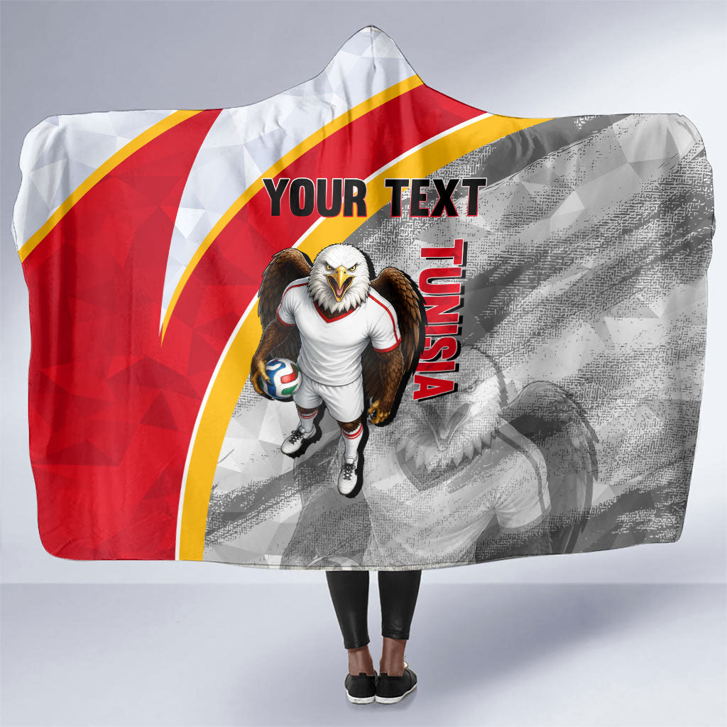 Personalized Tunisia Soccer Carthage Eagles Mascot Hooded Blanket Red And White Abstract Geometric Football Concept