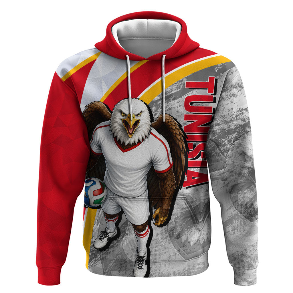 Personalized Tunisia Soccer Carthage Eagles Mascot Hoodie Red And White Abstract Geometric Football Concept