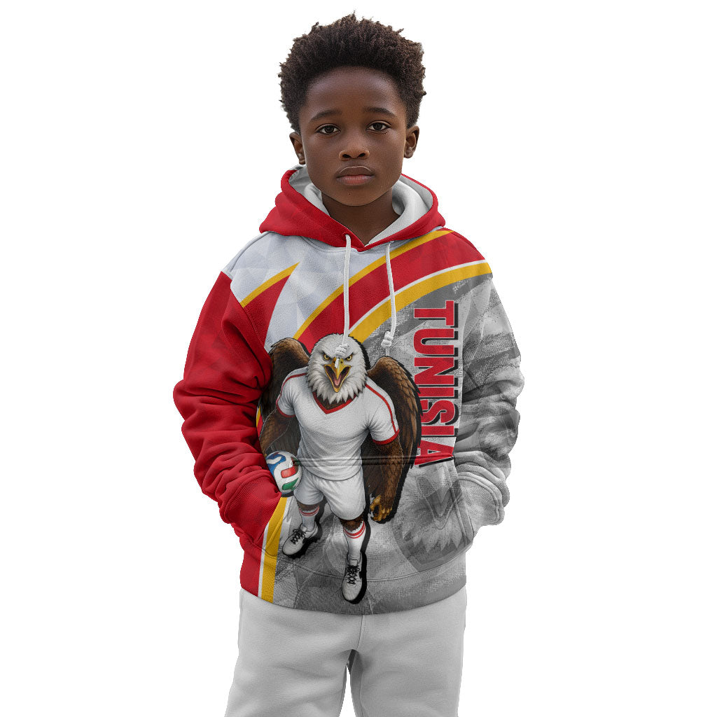 Personalized Tunisia Soccer Carthage Eagles Mascot Kid Hoodie Red And White Abstract Geometric Football Concept