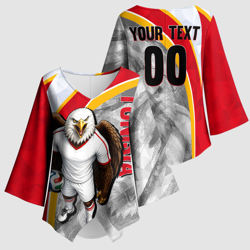 Personalized Tunisia Soccer Carthage Eagles Mascot Kimono Sleeve Blouse Red And White Abstract Geometric Football Concept