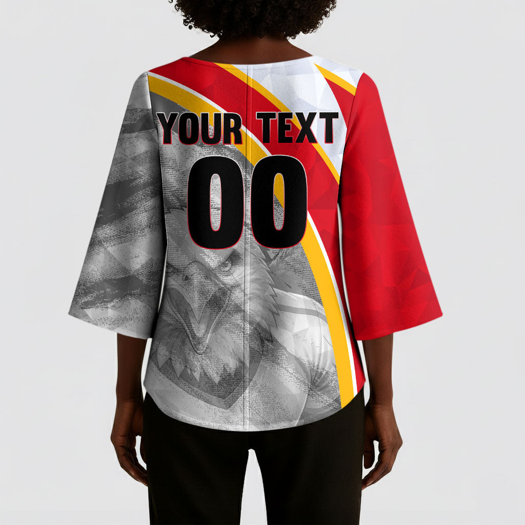 Personalized Tunisia Soccer Carthage Eagles Mascot Kimono Sleeve Blouse Red And White Abstract Geometric Football Concept
