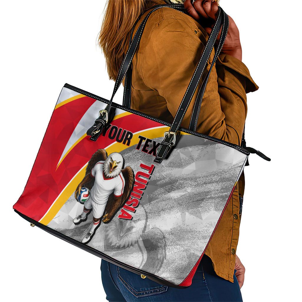Personalized Tunisia Soccer Carthage Eagles Mascot Leather Tote Bag Red And White Abstract Geometric Football Concept