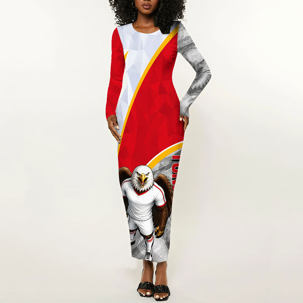 Personalized Tunisia Soccer Carthage Eagles Mascot Long Sleeve Bodycon Dress Red And White Abstract Geometric Football Concept