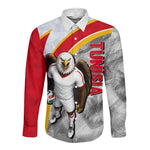 Personalized Tunisia Soccer Carthage Eagles Mascot Long Sleeve Button Shirt Red And White Abstract Geometric Football Concept
