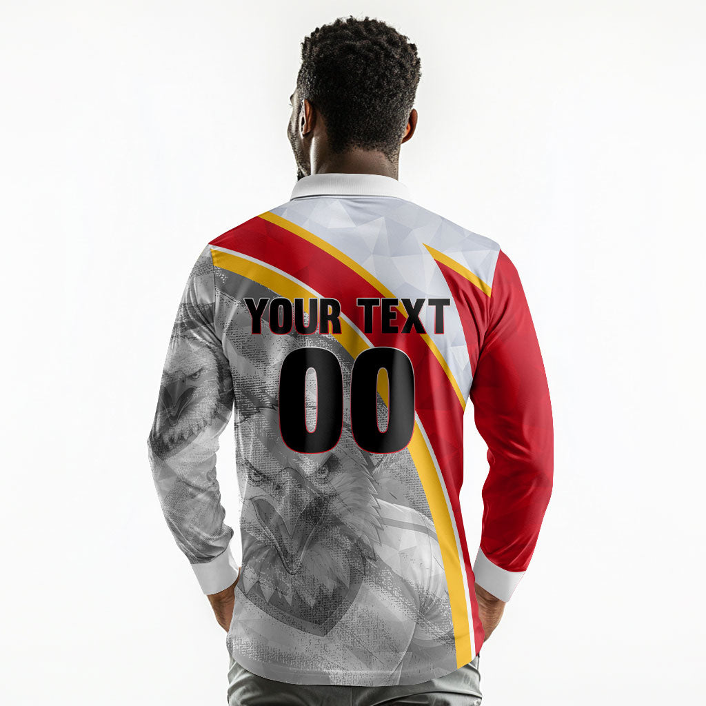 Personalized Tunisia Soccer Carthage Eagles Mascot Long Sleeve Polo Shirt Red And White Abstract Geometric Football Concept