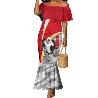 Personalized Tunisia Soccer Carthage Eagles Mascot Mermaid Dress Red And White Abstract Geometric Football Concept