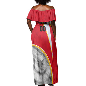Personalized Tunisia Soccer Carthage Eagles Mascot Off Shoulder Maxi Dress Red And White Abstract Geometric Football Concept