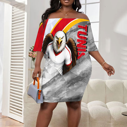 Personalized Tunisia Soccer Carthage Eagles Mascot Off Shoulder Short Dress Red And White Abstract Geometric Football Concept