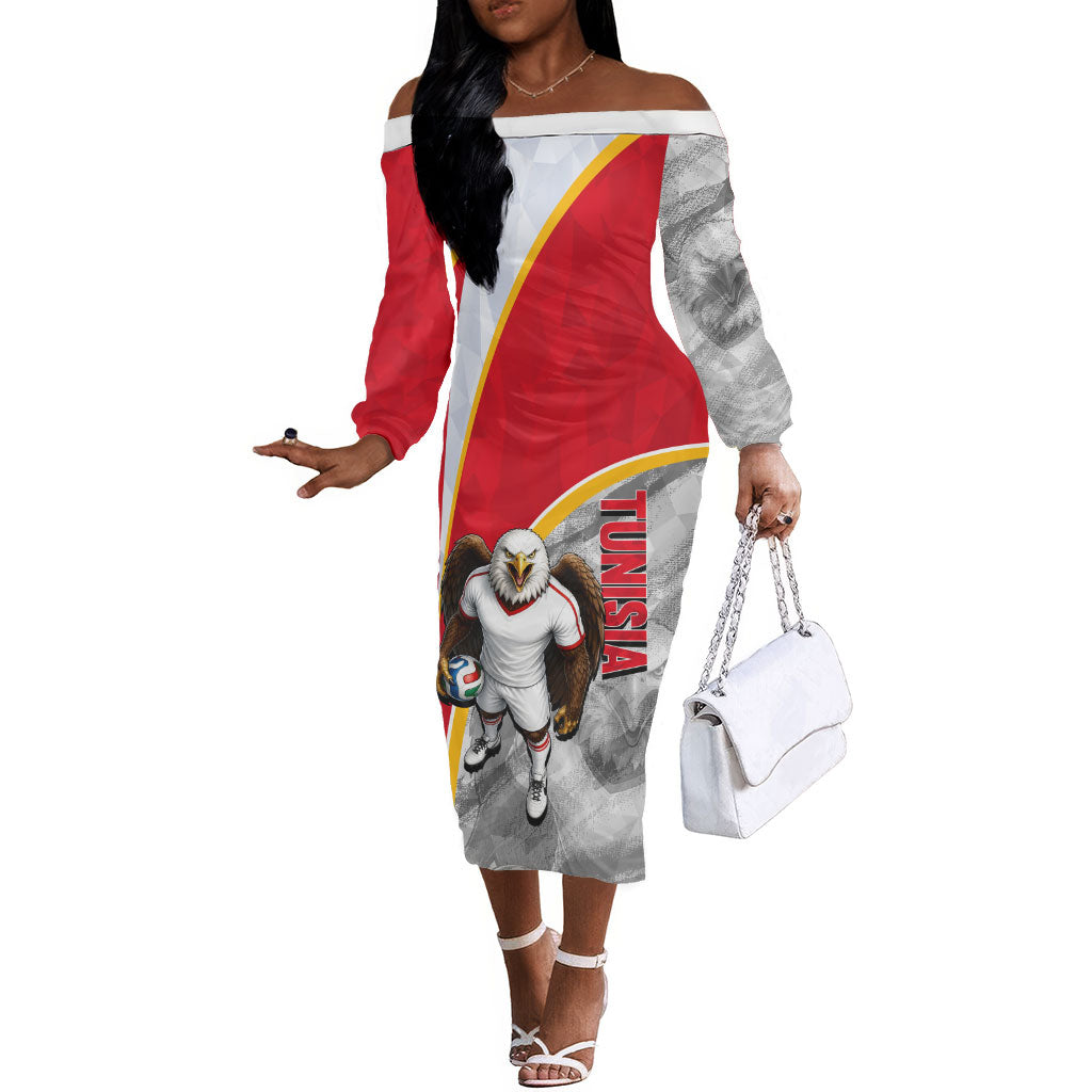 Personalized Tunisia Soccer Carthage Eagles Mascot Off The Shoulder Long Sleeve Dress Red And White Abstract Geometric Football Concept