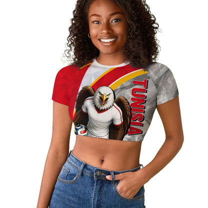 Personalized Tunisia Soccer Carthage Eagles Mascot Raglan Cropped T shirt Red And White Abstract Geometric Football Concept