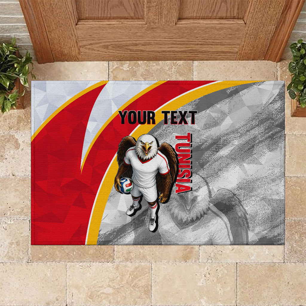Personalized Tunisia Soccer Carthage Eagles Mascot Rubber Doormat Red And White Abstract Geometric Football Concept