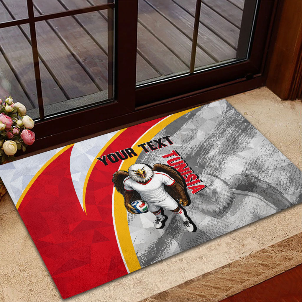Personalized Tunisia Soccer Carthage Eagles Mascot Rubber Doormat Red And White Abstract Geometric Football Concept