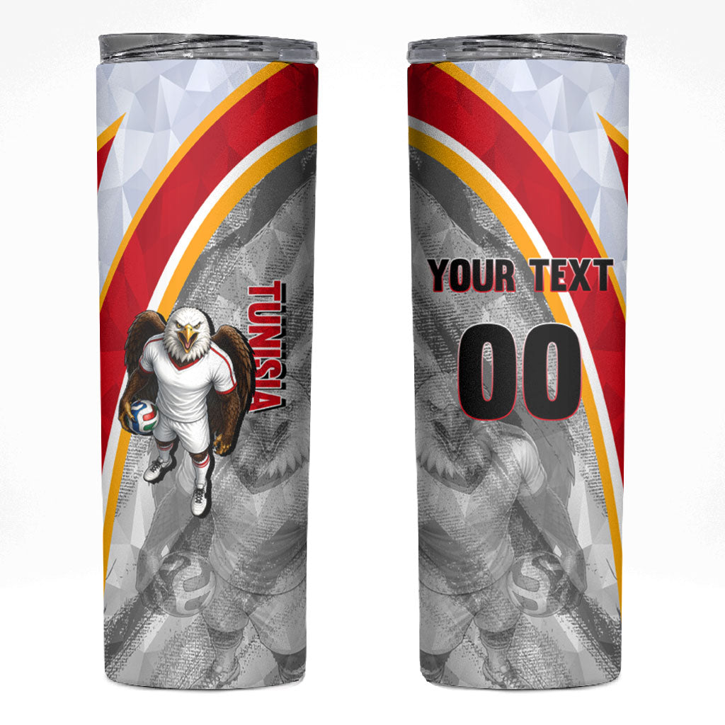 Personalized Tunisia Soccer Carthage Eagles Mascot Skinny Tumbler Red And White Abstract Geometric Football Concept