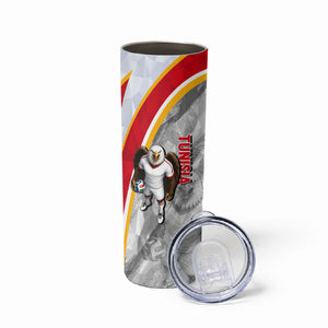 Personalized Tunisia Soccer Carthage Eagles Mascot Skinny Tumbler Red And White Abstract Geometric Football Concept