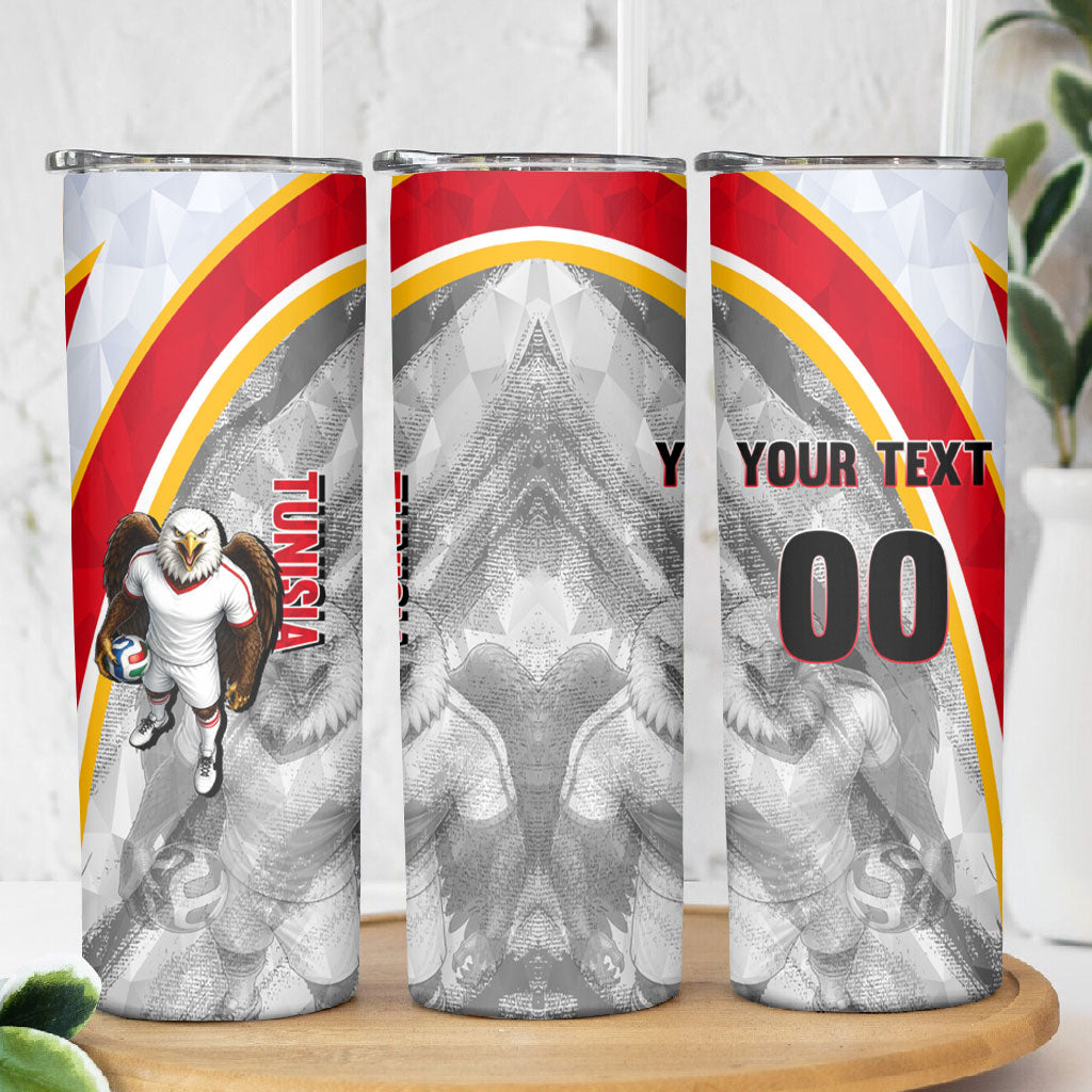 Personalized Tunisia Soccer Carthage Eagles Mascot Skinny Tumbler Red And White Abstract Geometric Football Concept