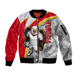 Personalized Tunisia Soccer Carthage Eagles Mascot Sleeve Zip Bomber Jacket Red And White Abstract Geometric Football Concept