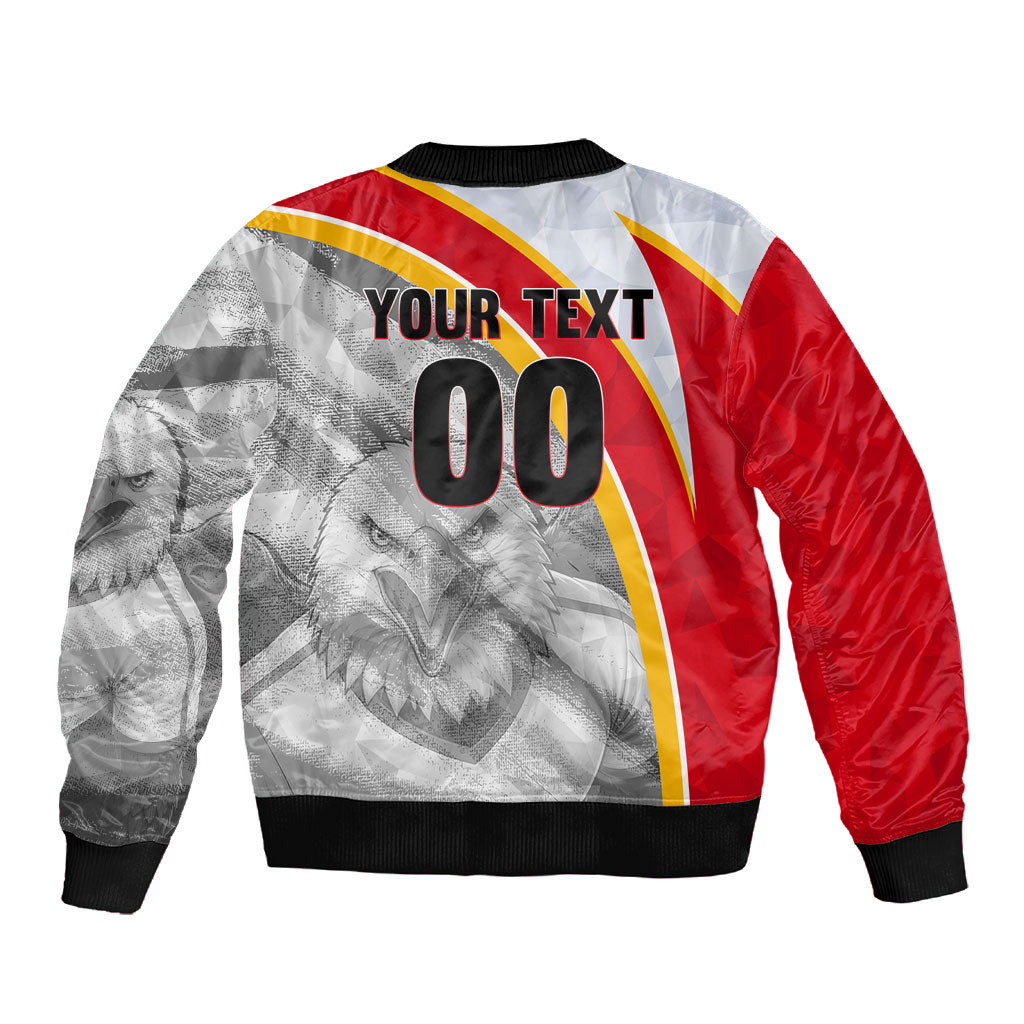 Personalized Tunisia Soccer Carthage Eagles Mascot Sleeve Zip Bomber Jacket Red And White Abstract Geometric Football Concept