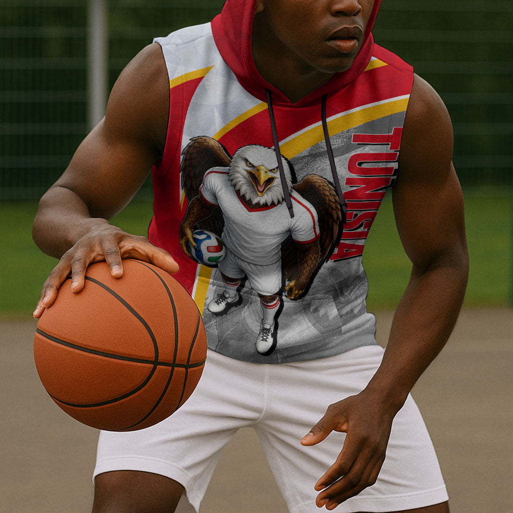 Personalized Tunisia Soccer Carthage Eagles Mascot Sleeveless Hoodie Red And White Abstract Geometric Football Concept