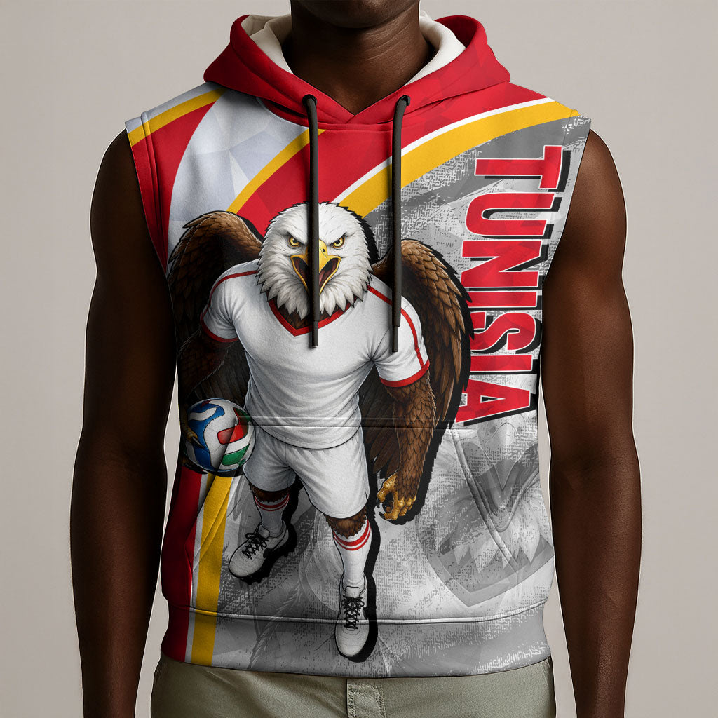 Personalized Tunisia Soccer Carthage Eagles Mascot Sleeveless Hoodie Red And White Abstract Geometric Football Concept