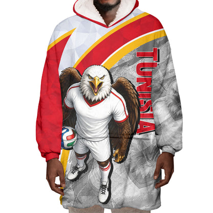Personalized Tunisia Soccer Carthage Eagles Mascot Wearable Blanket Hoodie Red And White Abstract Geometric Football Concept