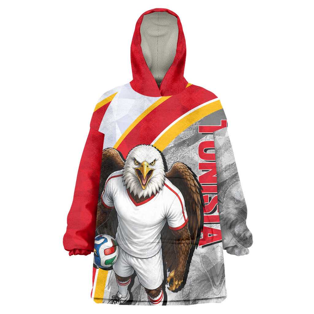 Personalized Tunisia Soccer Carthage Eagles Mascot Wearable Blanket Hoodie Red And White Abstract Geometric Football Concept