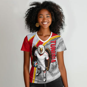 Personalized Tunisia Soccer Carthage Eagles Mascot Women V-Neck T-Shirt Red And White Abstract Geometric Football Concept