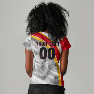 Personalized Tunisia Soccer Carthage Eagles Mascot Women V-Neck T-Shirt Red And White Abstract Geometric Football Concept