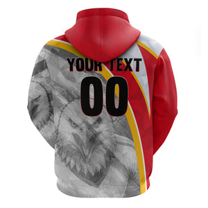 Personalized Tunisia Soccer Carthage Eagles Mascot Zip Hoodie Red And White Abstract Geometric Football Concept