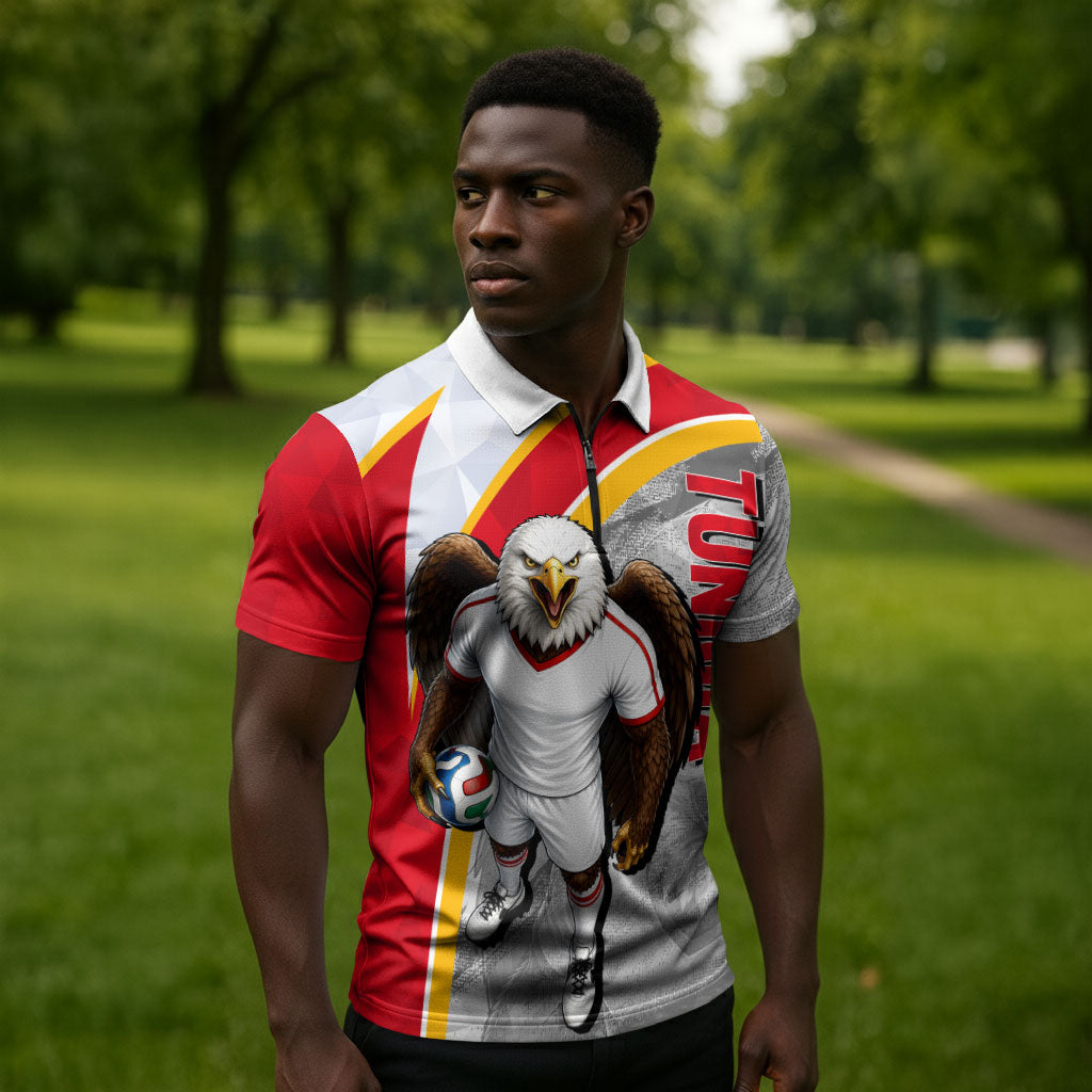Personalized Tunisia Soccer Carthage Eagles Mascot Zipper Polo Shirt Red And White Abstract Geometric Football Concept