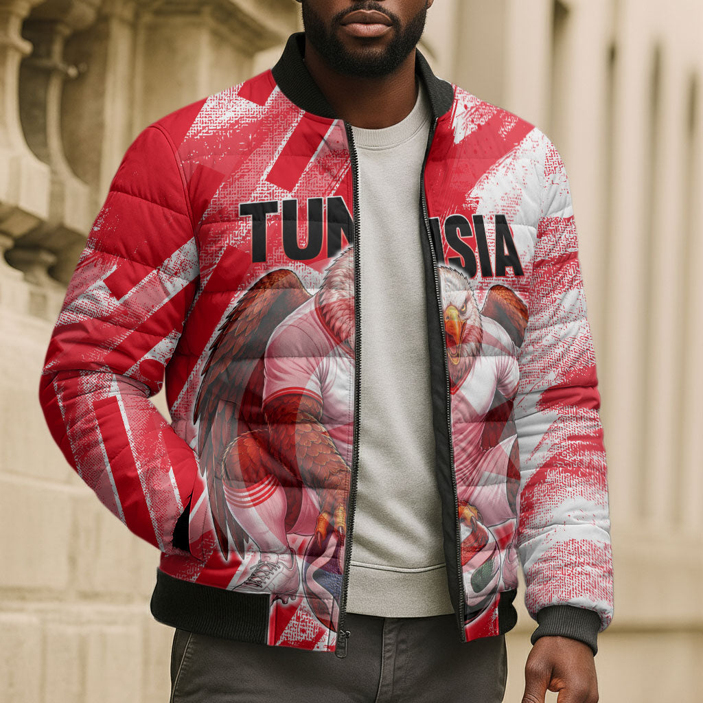 Personalized Tunisia Football Bomber Puffer Jacket Tunisian Flag Carthage Eagles Mascot Grunge Style