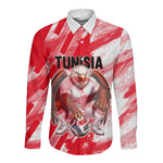 Personalized Tunisia Football Long Sleeve Button Shirt Tunisian Flag Carthage Eagles Mascot Grunge Style