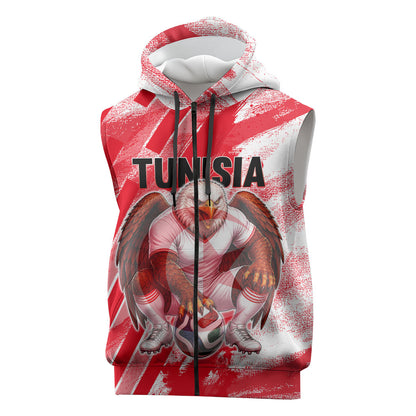 Personalized Tunisia Football Sleeveless Zip Hoodie Tunisian Flag Carthage Eagles Mascot Grunge Style