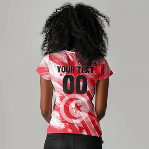 Personalized Tunisia Football Women V-Neck T-Shirt Tunisian Flag Carthage Eagles Mascot Grunge Style