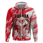 Personalized Tunisia Football Zip Hoodie Tunisian Flag Carthage Eagles Mascot Grunge Style