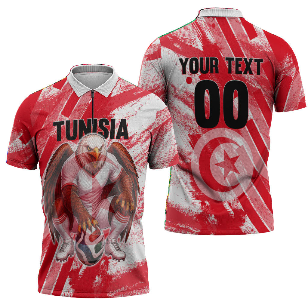 Personalized Tunisia Football Zipper Polo Shirt Tunisian Flag Carthage Eagles Mascot Grunge Style