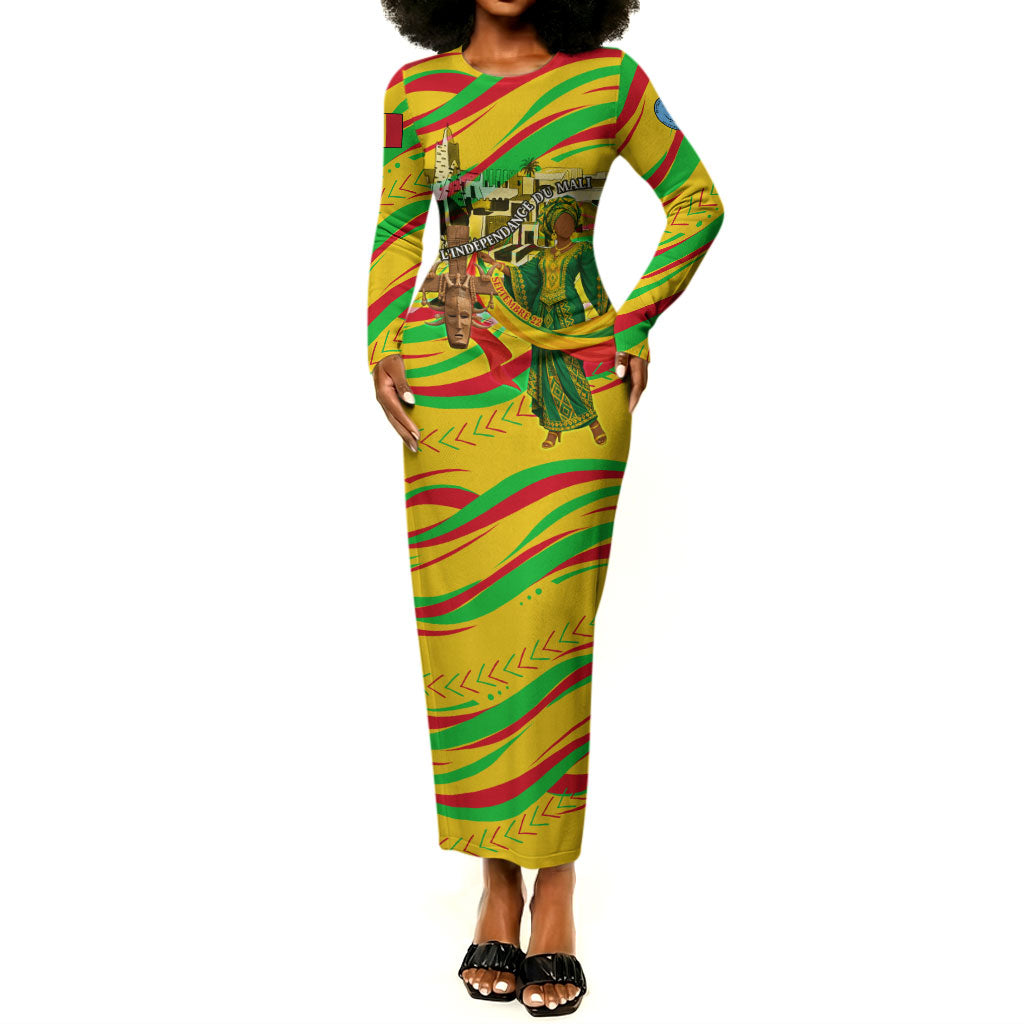 Mali Independence Day Long Sleeve Bodycon Dress Traditional West African Cultural Pride Flag Colors