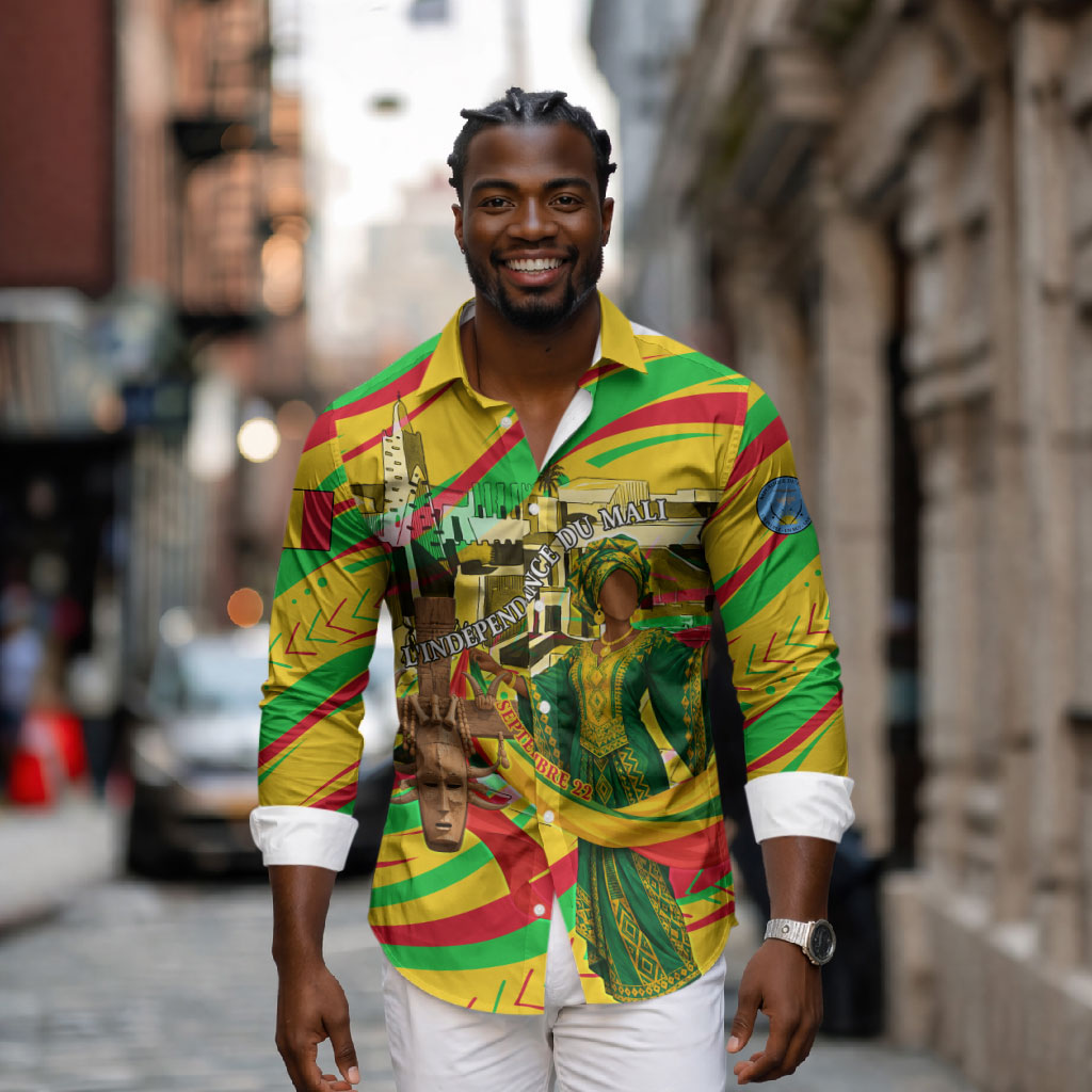 Mali Independence Day Long Sleeve Button Shirt Traditional West African Cultural Pride Flag Colors
