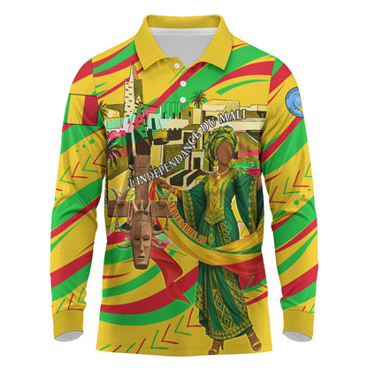 Mali Independence Day Long Sleeve Polo Shirt Traditional West African Cultural Pride Flag Colors