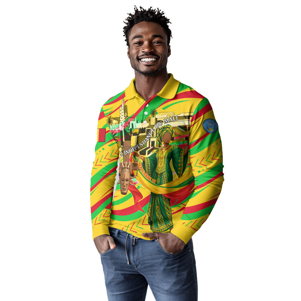 Mali Independence Day Long Sleeve Polo Shirt Traditional West African Cultural Pride Flag Colors