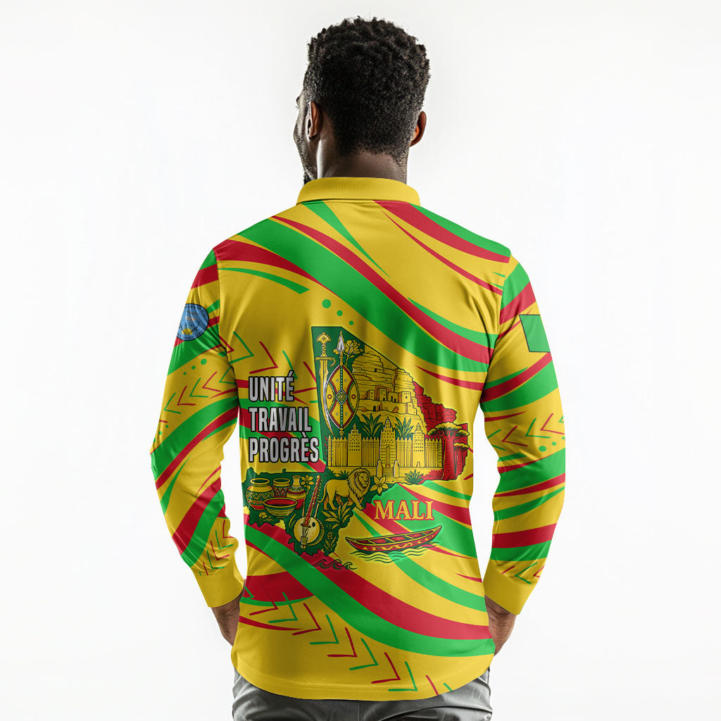 Mali Independence Day Long Sleeve Polo Shirt Traditional West African Cultural Pride Flag Colors