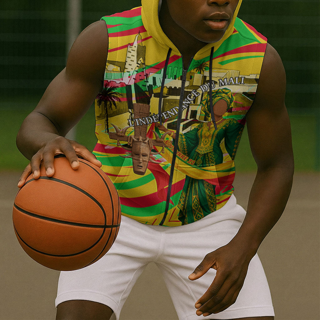 Mali Independence Day Sleeveless Zip Hoodie Traditional West African Cultural Pride Flag Colors