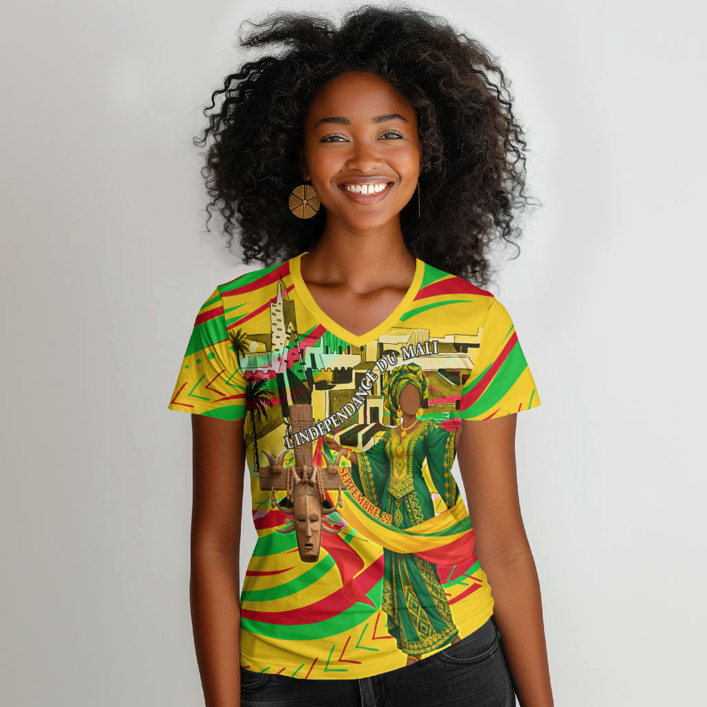 Mali Independence Day Women V-Neck T-Shirt Traditional West African Cultural Pride Flag Colors