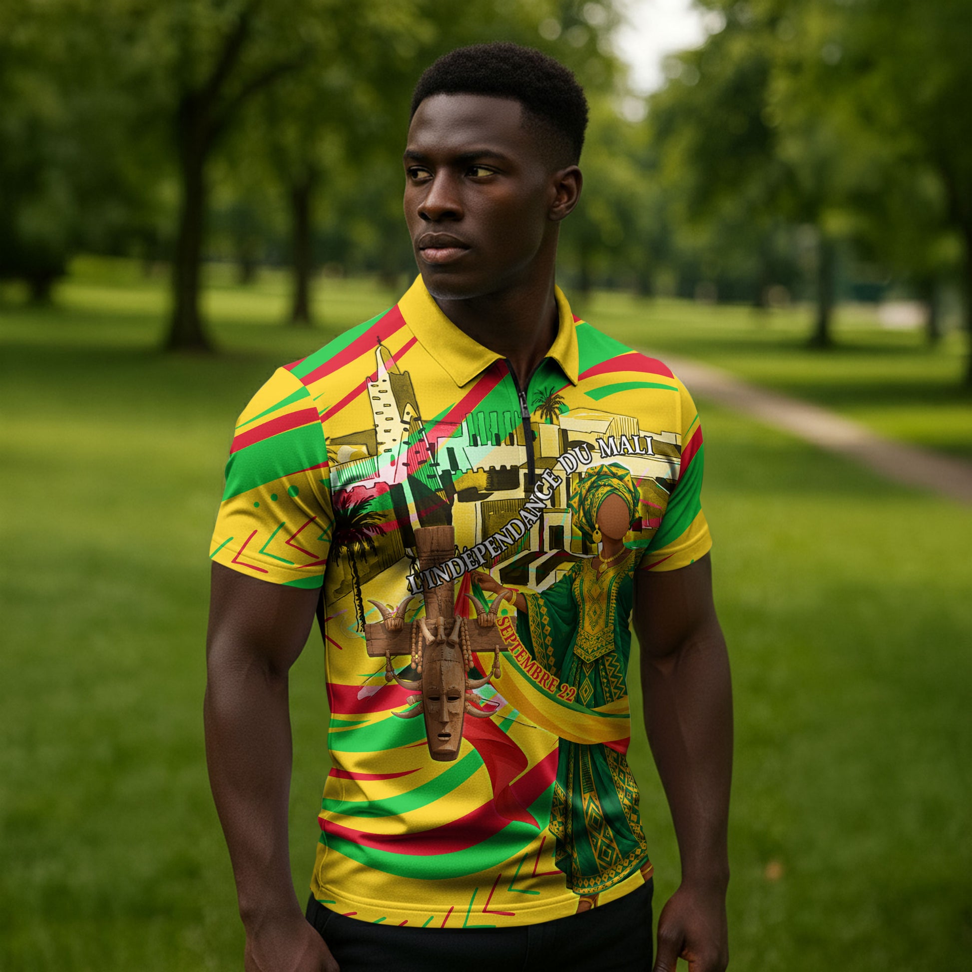 Mali Independence Day Zipper Polo Shirt Traditional West African Cultural Pride Flag Colors