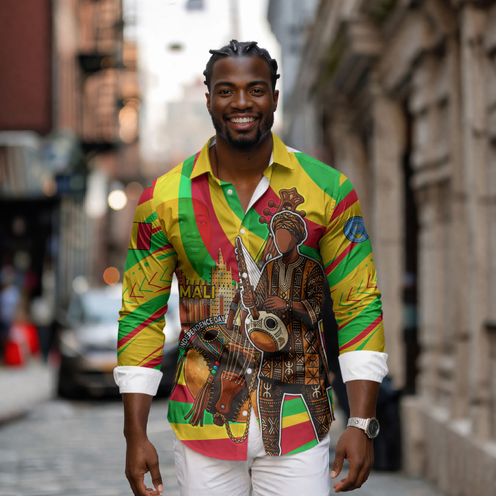 Mali Independence Day Long Sleeve Button Shirt West African Kora Musician Cultural
