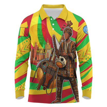 Mali Independence Day Long Sleeve Polo Shirt West African Kora Musician Cultural