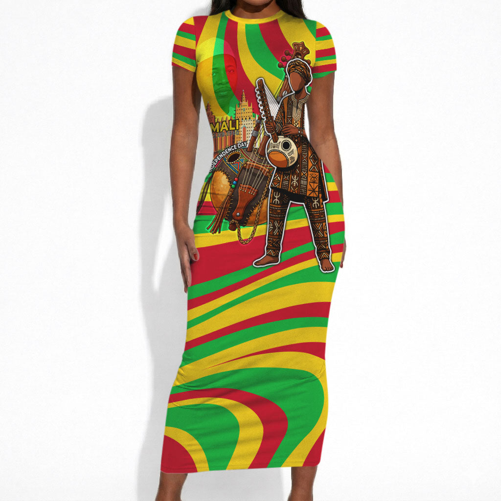 Mali Independence Day Short Sleeve Bodycon Dress West African Kora Musician Cultural